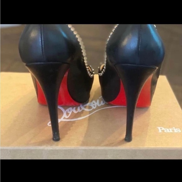 Christian Louboutin- Black Leather Peep Toe Studded Heels - Picture 9 of 11